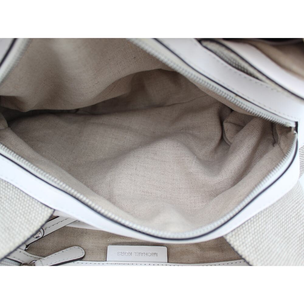 Michael Kors Raven Shoulder Bag Purse Beige White Canvas Fabric Leather Summer - Picture 11 of 12